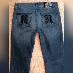 ROCK & REPUBLIC WOMEN'S LOW- RISE JEANS SIZE 28 DARK WASH BLING POCKET DENIM